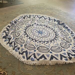Tofino Towl Co Round Blue and White Tassel Beach Towel $40